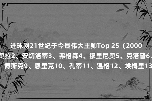 进球网21世纪于今最伟大主帅Top 25(2000年-2024年):1、瓜迪奥拉2、安切洛蒂3、弗格森4、穆里尼奥5、克洛普6、皆达内7、西蒙尼8、博斯克9、恩里克10、孔蒂11、温格12、埃梅里13、曼奇尼14、斯卡洛尼15、德尚16、图赫尔17、弗里克18、阿莱格里19、贝尼特斯20、勒夫21、小因扎吉22、范加尔23、海因克斯24、里皮25、拉涅利体育录像/图片