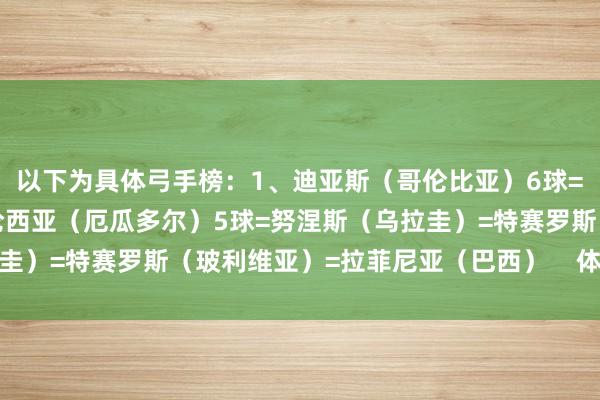 以下为具体弓手榜：1、迪亚斯（哥伦比亚）6球=梅西（阿根廷）3、瓦伦西亚（厄瓜多尔）5球=努涅斯（乌拉圭）=特赛罗斯（玻利维亚）=拉菲尼亚（巴西）    体育赛事直播