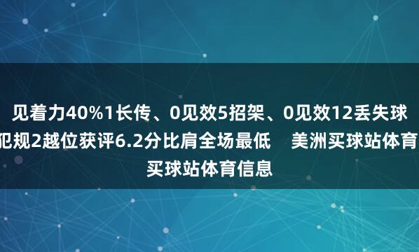见着力40%1长传、0见效5招架、0见效12丢失球权1犯规2越位获评6.2分比肩全场最低 美洲买球站体育信息